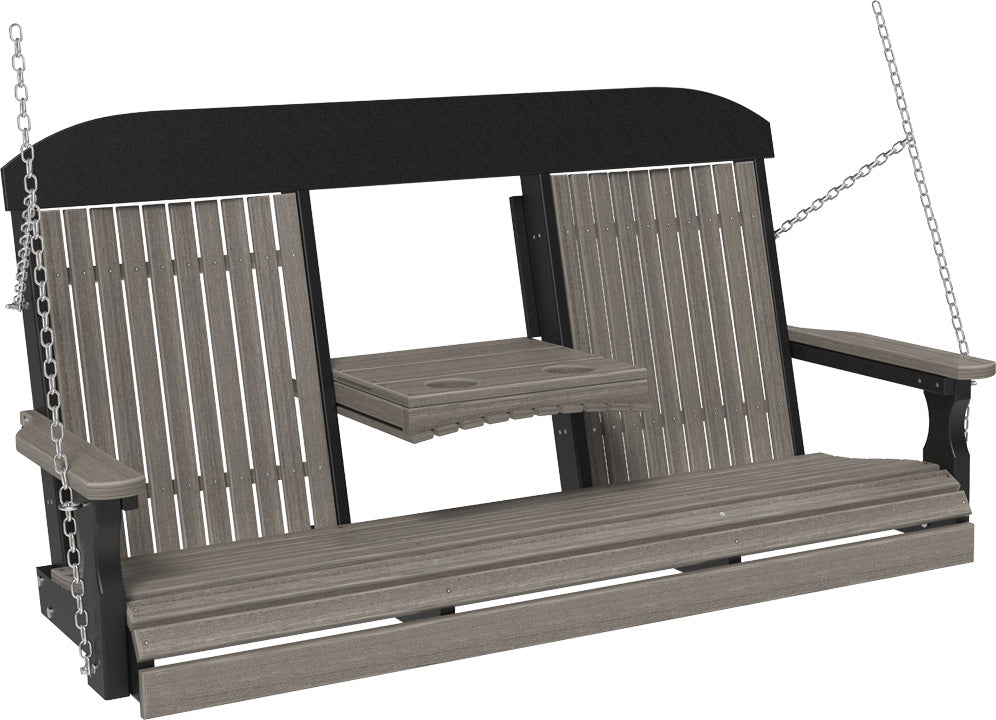 LuxCraft 5' Classic Swing - Premium Woodgrain Line - front view with center tray lowered in coastal gray and black