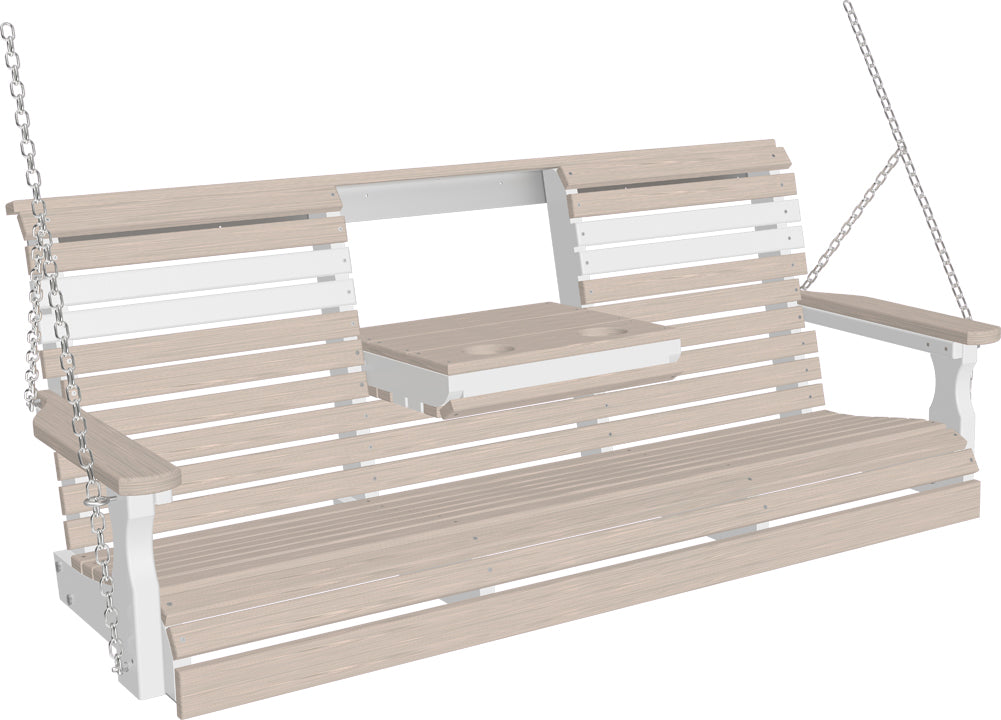 LuxCraft 5' Plain Swing - Premium Woodgrain Line - front view with center tray lowered in birch and white